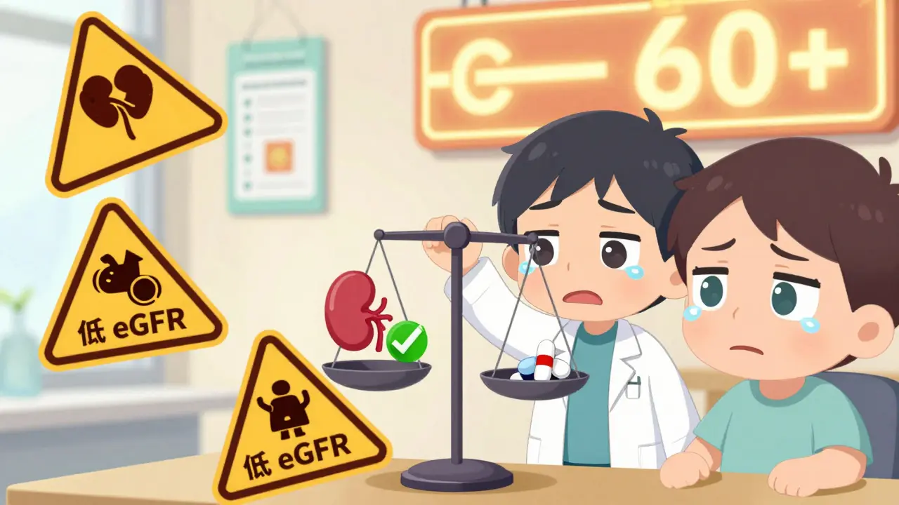 Tiny doctor balancing a scale with metformin pill and kidney icon, warning signs tipping the other side.