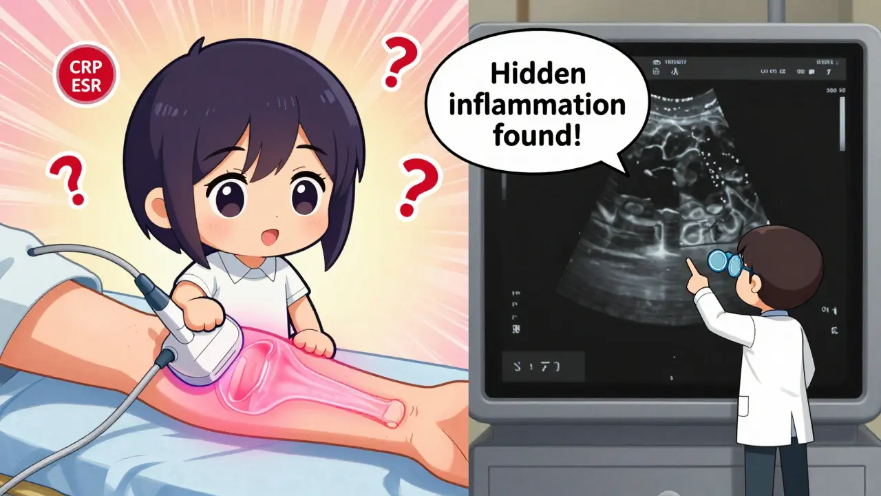 Ultrasound revealing hidden joint inflammation next to normal X-ray in chibi anime style.