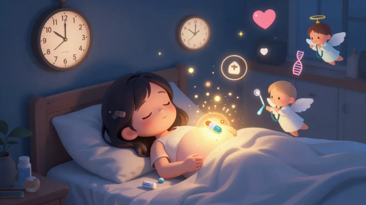 Woman sleeping at night with glowing prednisone pill and protective angels, chibi anime style