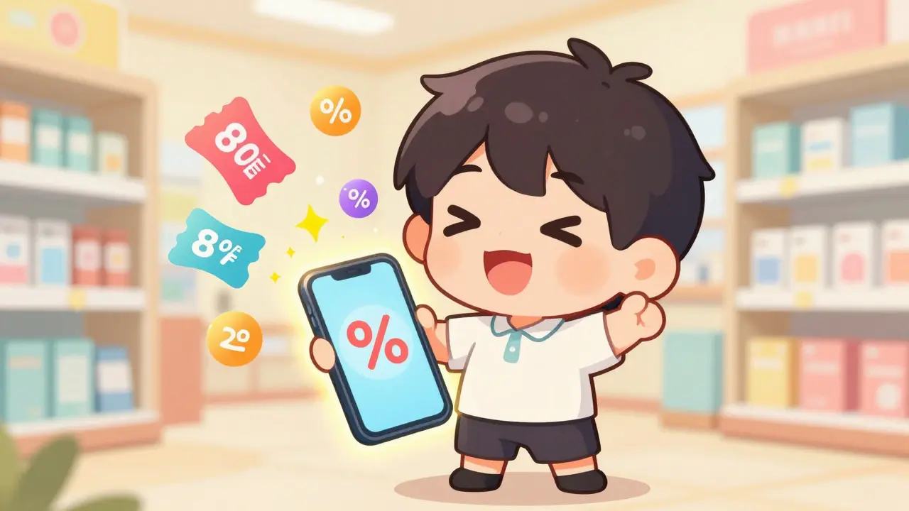 Cheerful chibi character using a phone to find medication discounts.