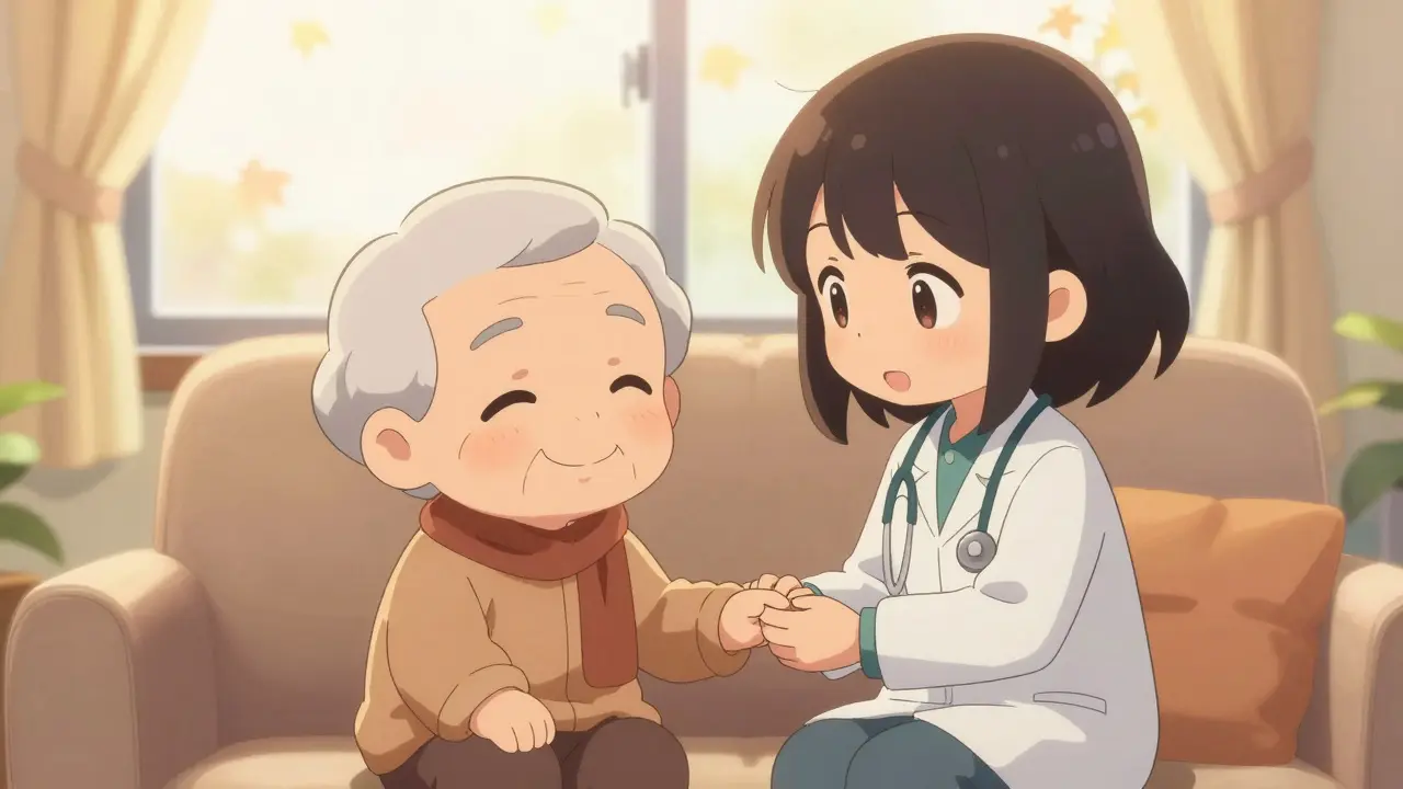 Chibi caregiver holding the hand of an elderly person in a warm living room