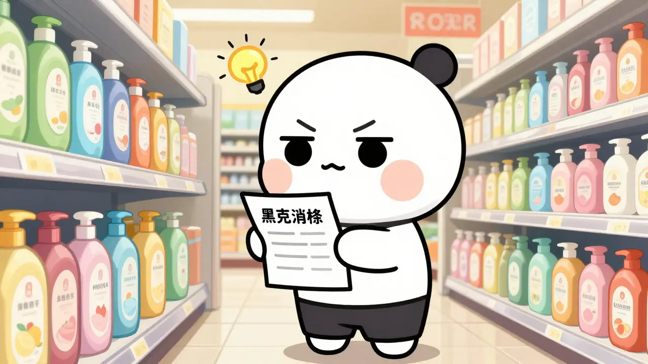 Chibi character checking an ingredient list while shopping for soap.