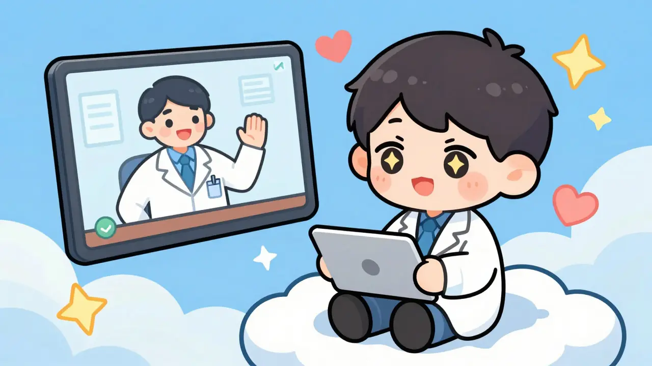 Chibi character having a positive video consultation with a doctor on a tablet.
