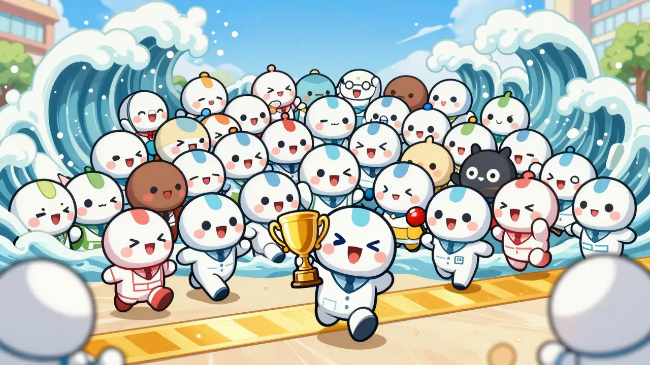 Chibi characters racing toward a finish line to win market exclusivity