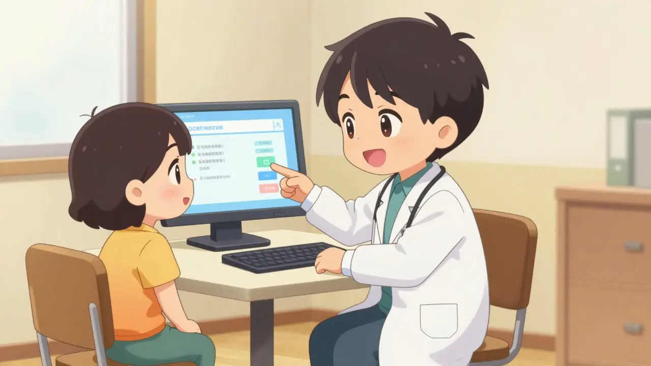 Chibi doctor helping a patient find medication assistance on a computer screen