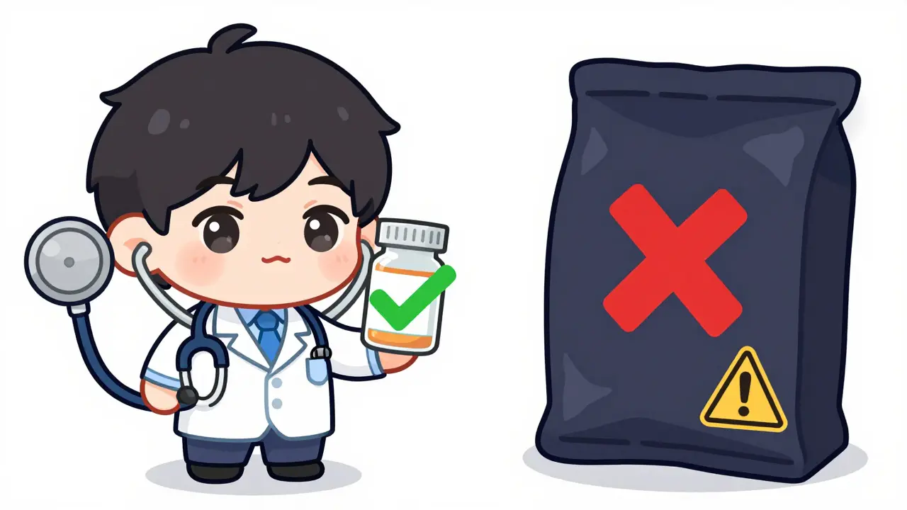 Chibi doctor showing the difference between safe and unsafe medicine.