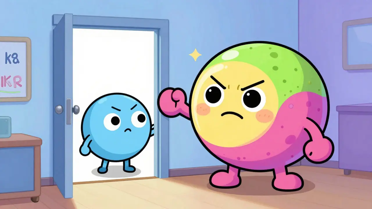 Chibi illustration of an antibiotic blocking a potassium ion from exiting a heart cell channel.