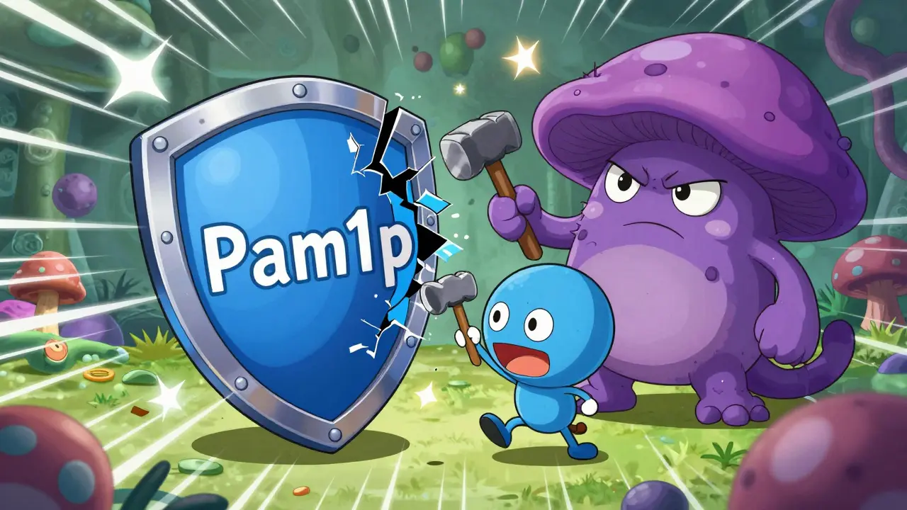 Chibi Omeprazole breaking a fungal shield to help Fluconazole defeat a fungal monster.