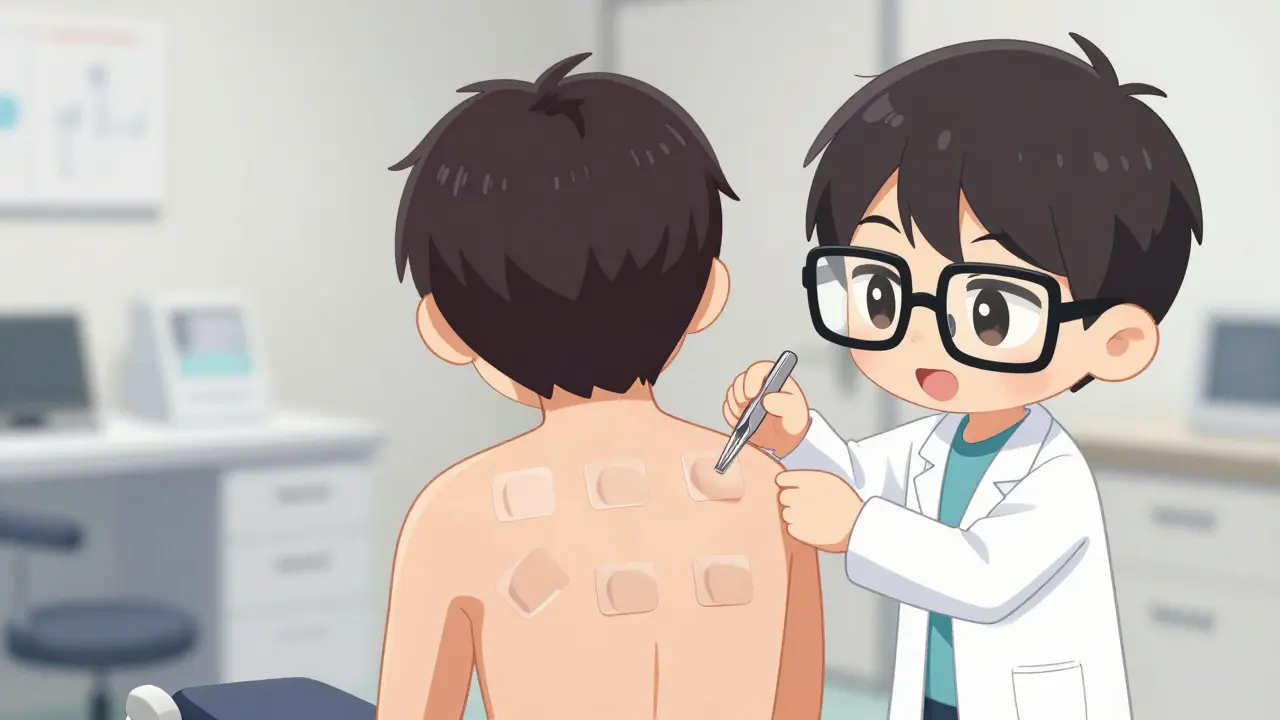 Chibi patient receiving patch tests on their back from a tiny doctor.