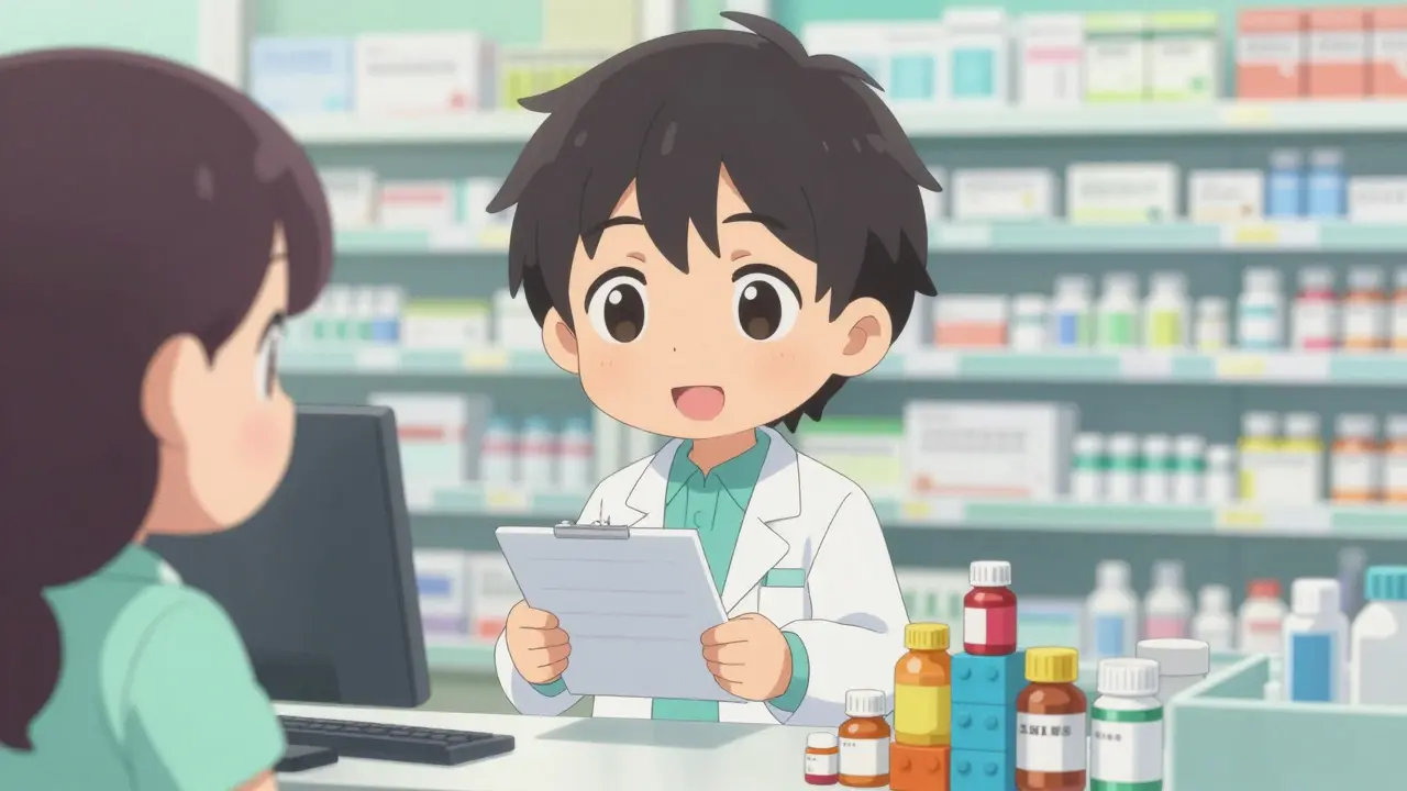 Chibi pharmacist reviewing a stack of medication bottles with a patient in a bright pharmacy.
