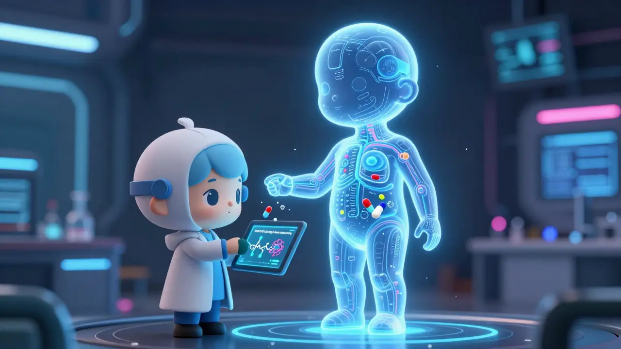 Chibi scientist using a tablet to analyze a digital twin hologram of a human body