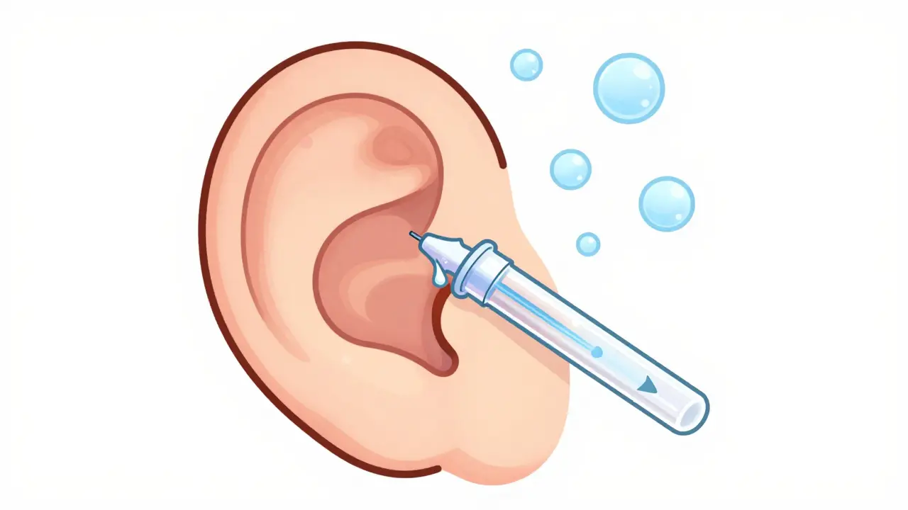 Chibi style illustration of a tiny ear tube allowing fluid to drain from the ear