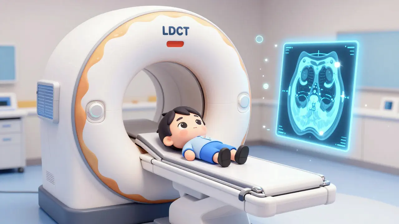 Cute chibi character undergoing a low-dose CT scan in a stylized machine