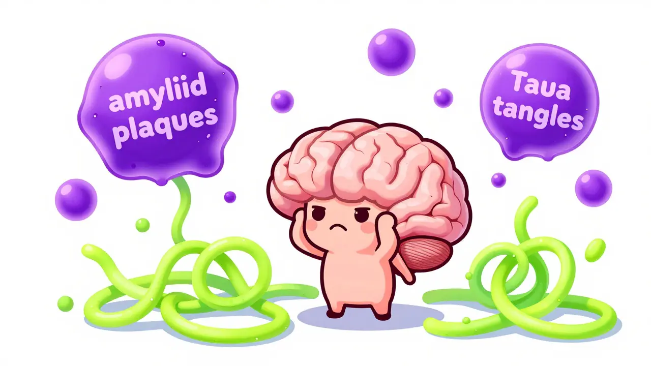 Cute personified neuron surrounded by purple plaques and green tangles