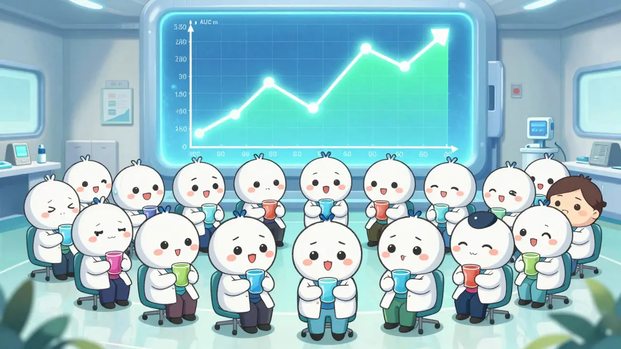 Group of chibi volunteers in a clinic with a glowing drug concentration graph in the background