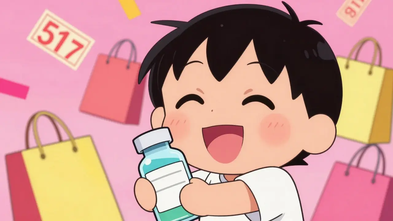 Happy chibi character holding a generic medication bottle surrounded by discount coupons.