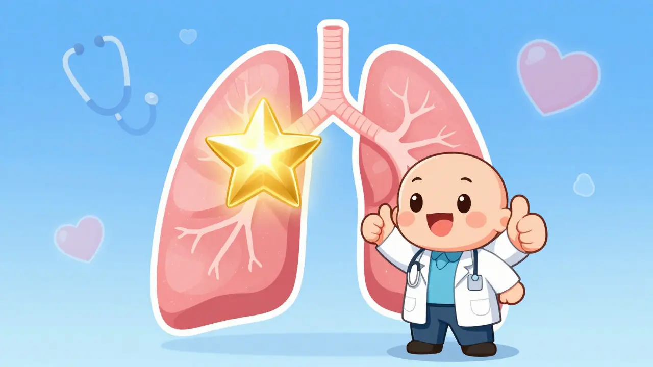 Happy chibi doctor celebrating the early detection of a lung nodule