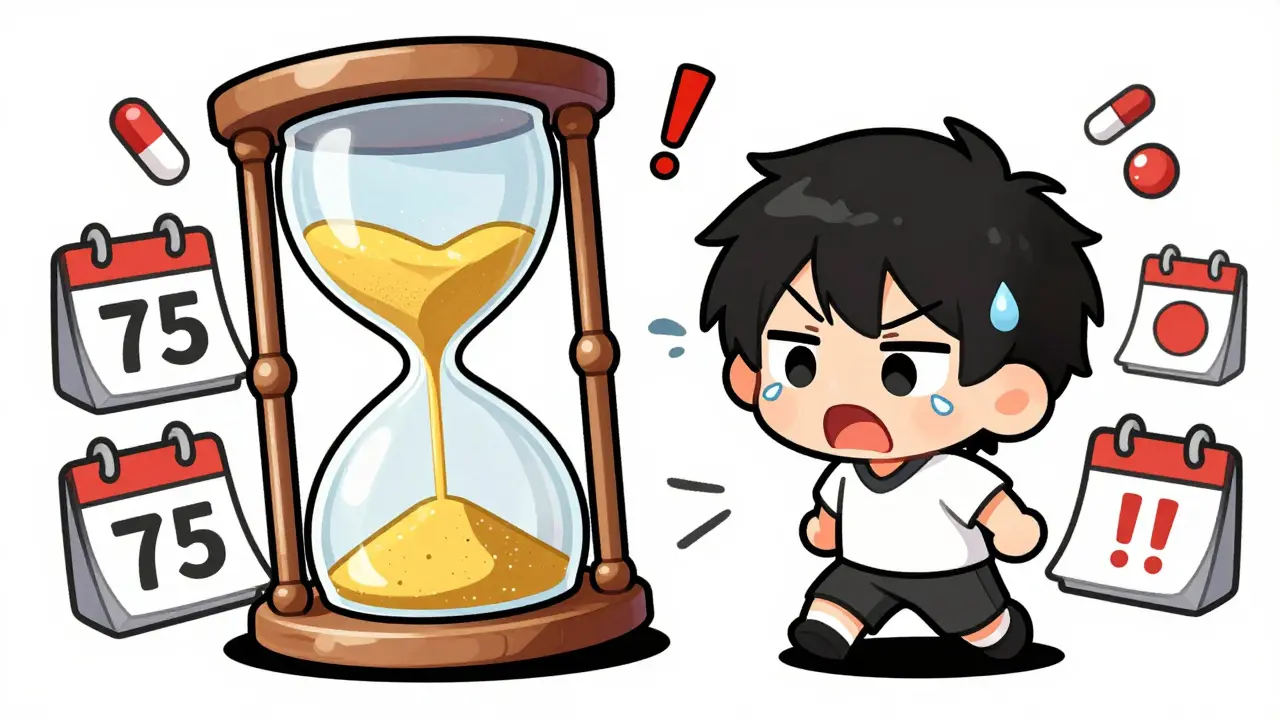 Panicked chibi character watching a giant hourglass run out of time