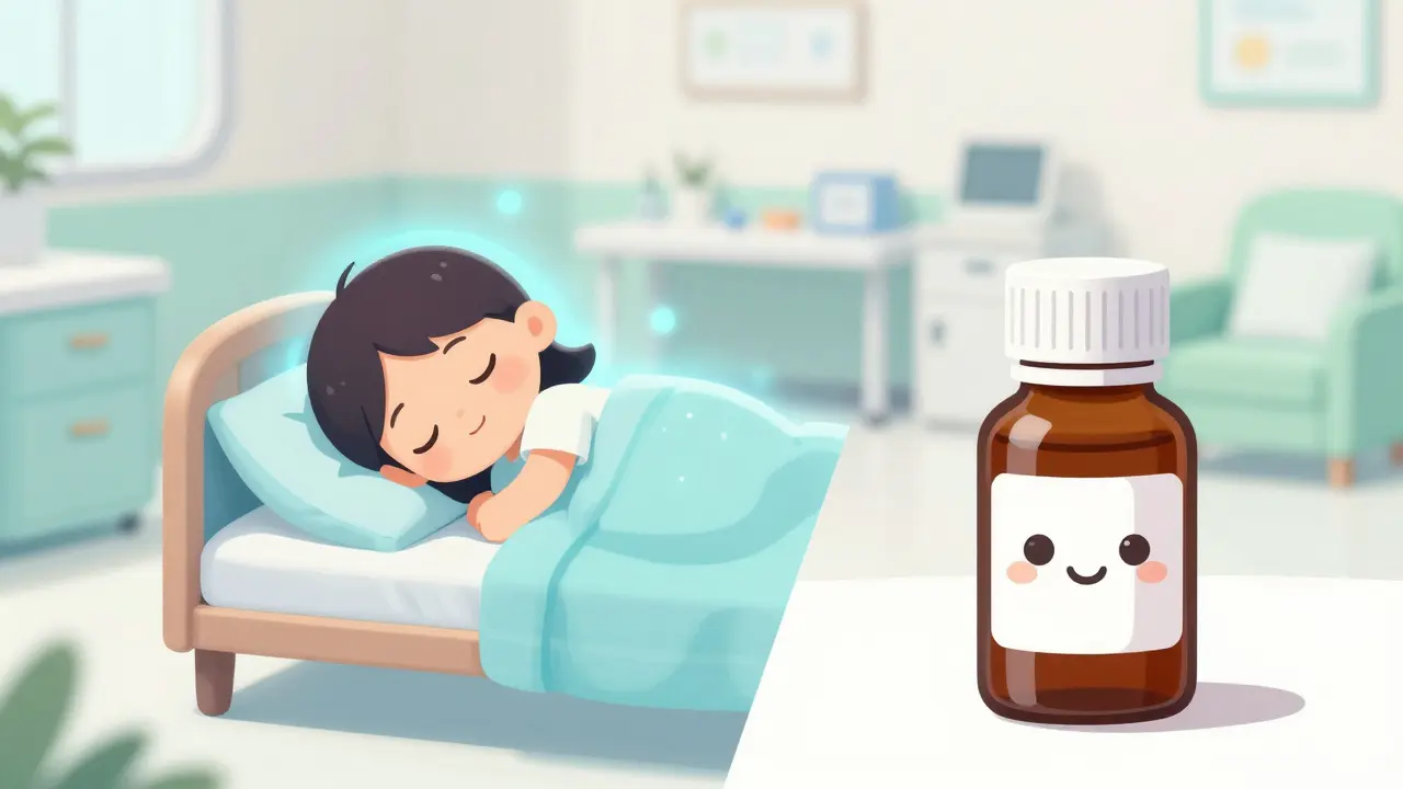 Split scene showing a sleeping Chibi child and a bottle of medicine in a bright clinic