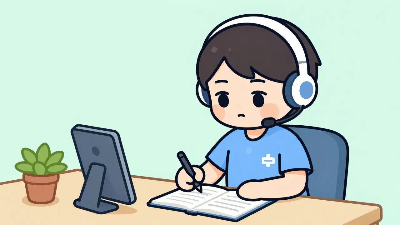 Chibi caregiver documenting meds and using phone app