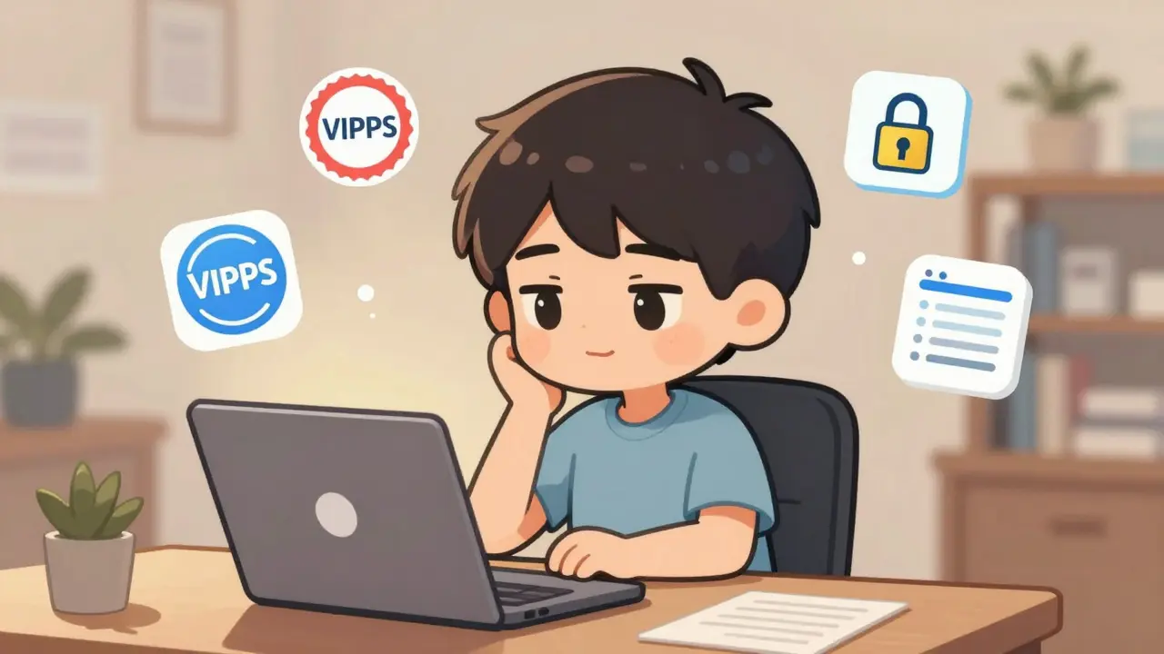 Chibi character safely comparing online pharmacy prices on laptop