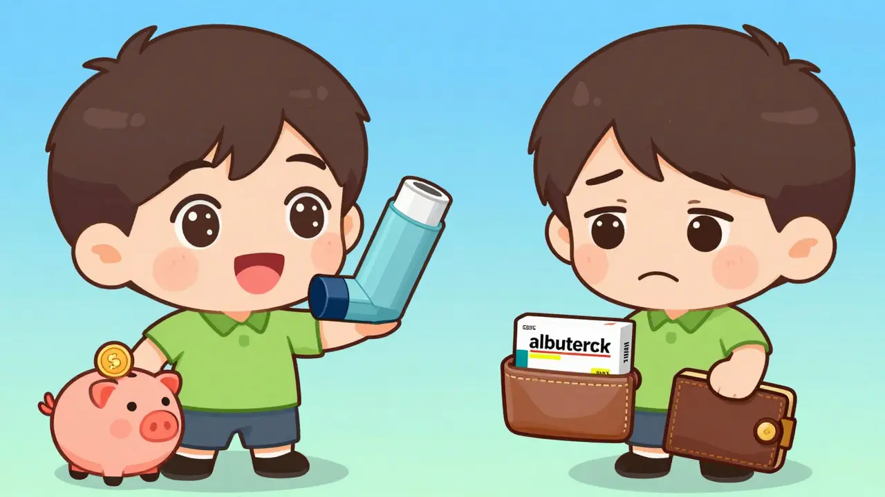 Chibi characters comparing cheap generic vs expensive brand inhalers