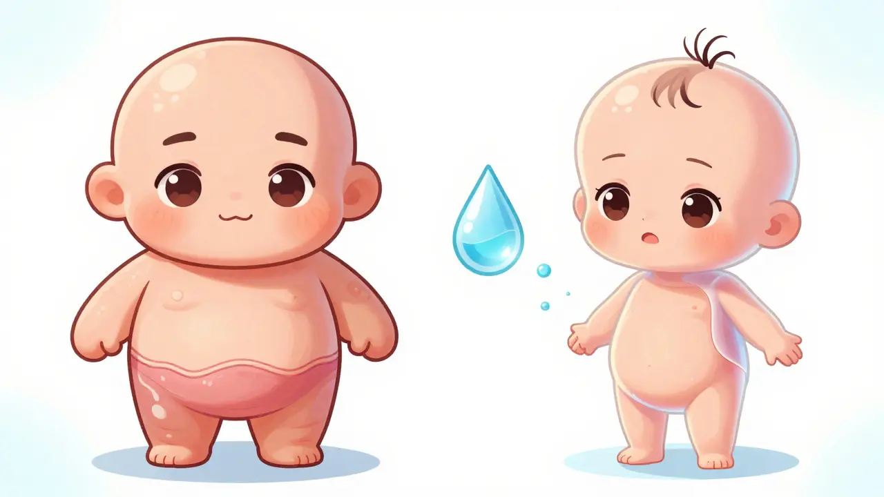 Chibi characters showing difference between adult and baby skin thickness