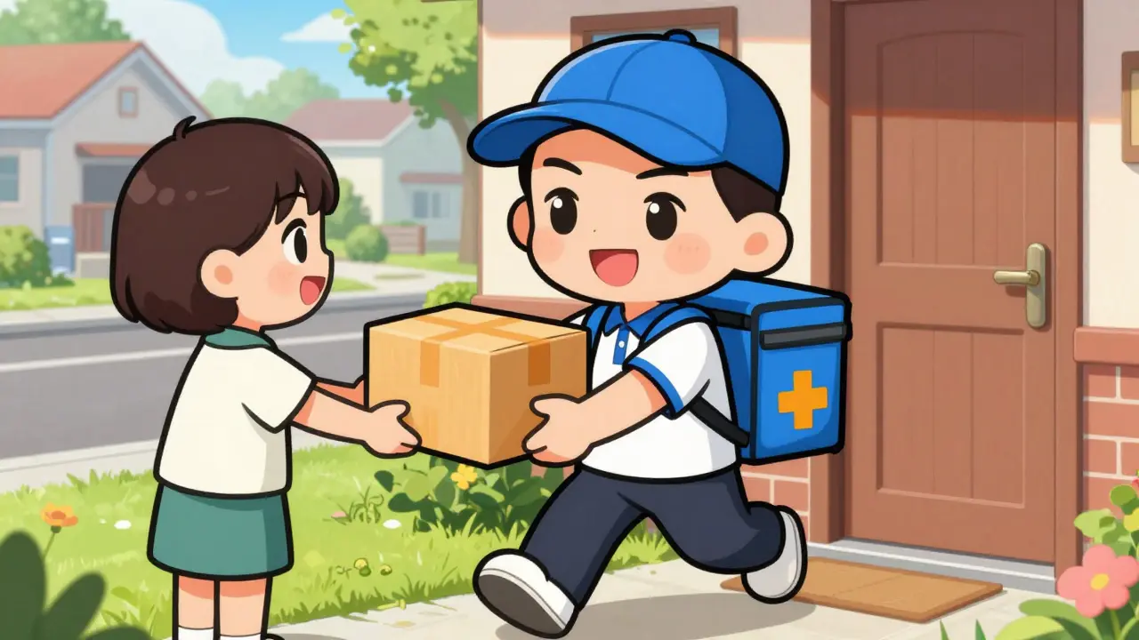Chibi delivery person handing package to customer