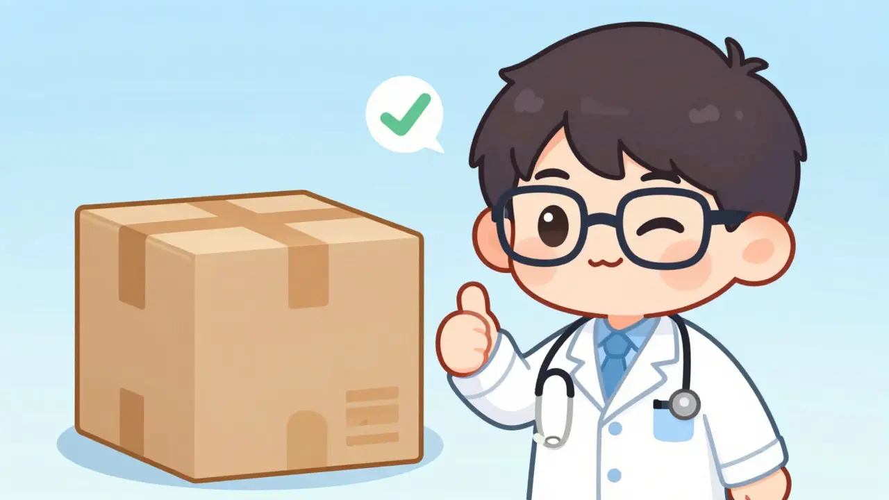 Chibi doctor giving thumbs up next to a discreetly packaged medicine delivery box