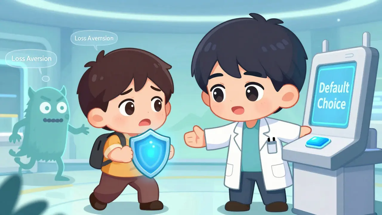 Chibi doctor helping patient choose default medication option easily.