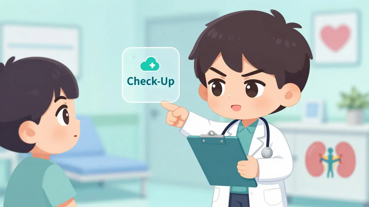 Chibi doctor reassuring a patient with health check symbols nearby