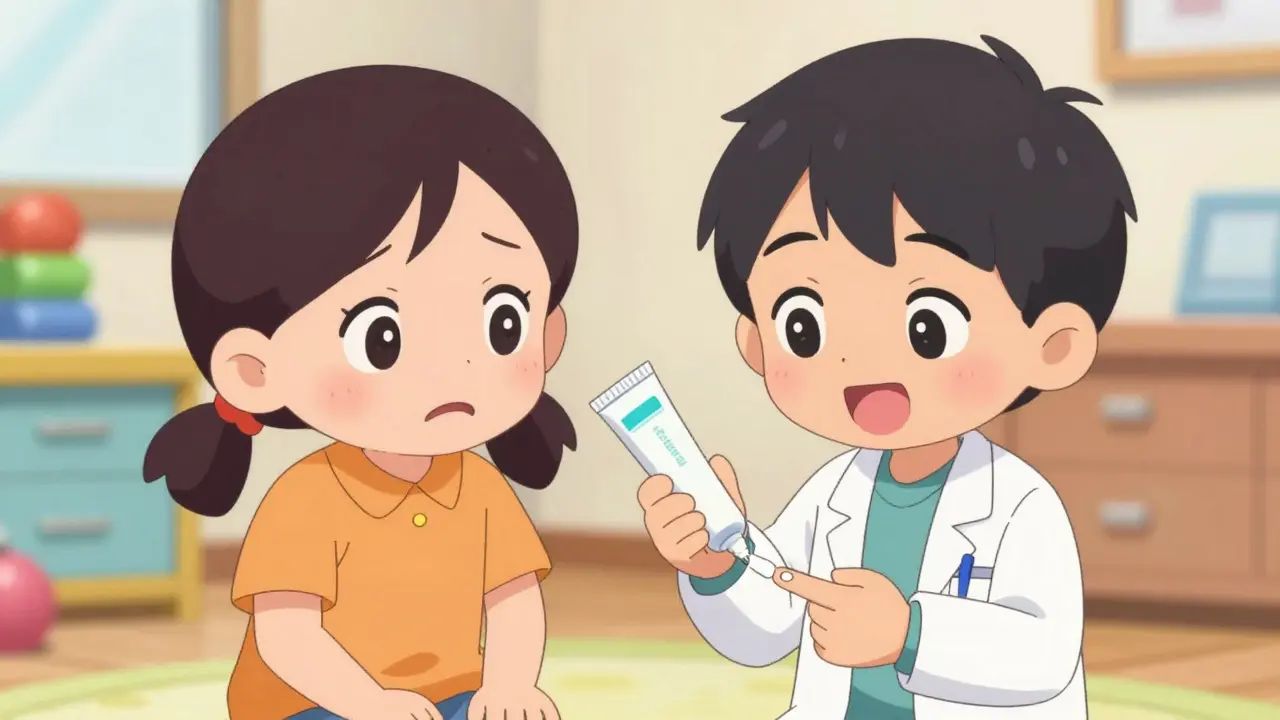 Chibi doctor teaching parent how to measure fingertip unit of cream