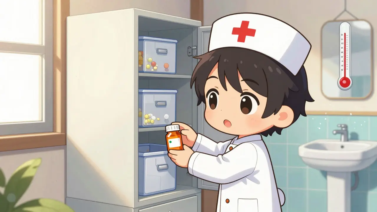 Chibi nurse storing medication properly away from heat and moisture