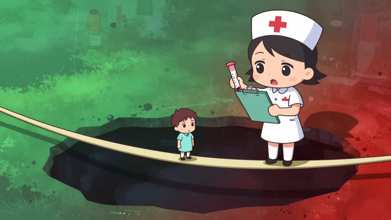 Chibi patient balancing on a tightrope with a nurse safety net