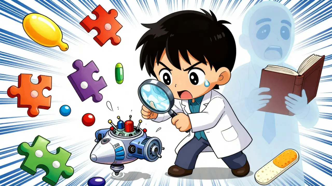Chibi scientist struggling to reverse engineer a complex inhaler