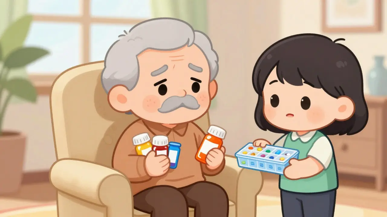 Chibi senior with many pills and helper using organizer