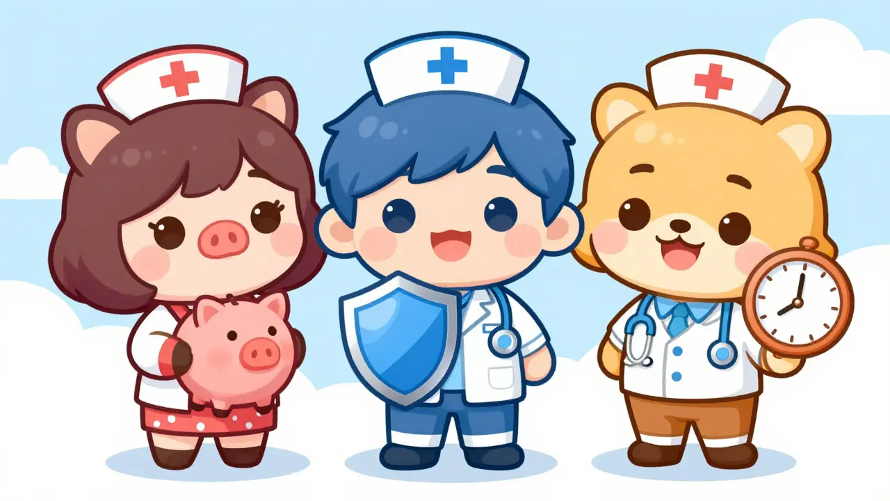 Cute chibi characters comparing price, safety, and speed of online pharmacy services