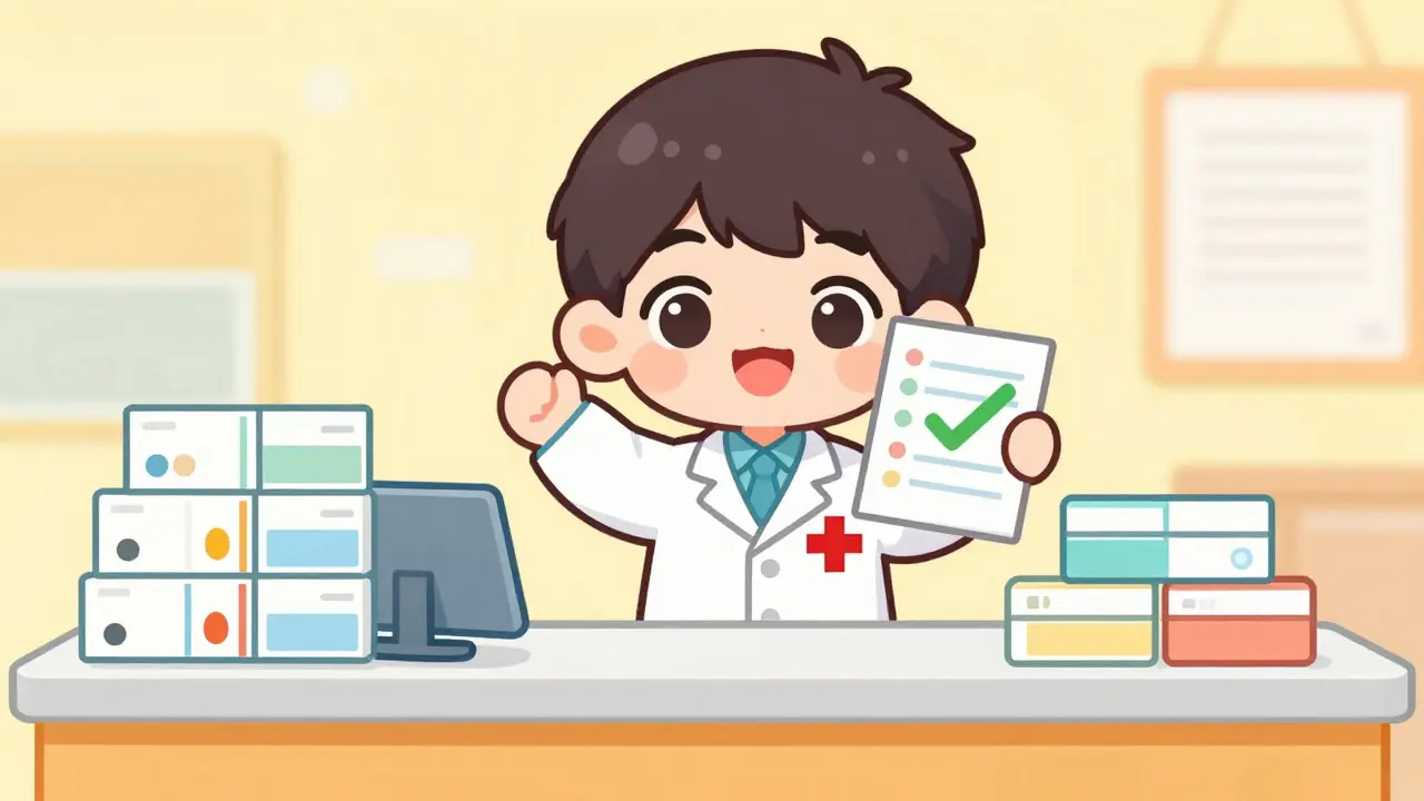Friendly chibi pharmacist showing approved prescription