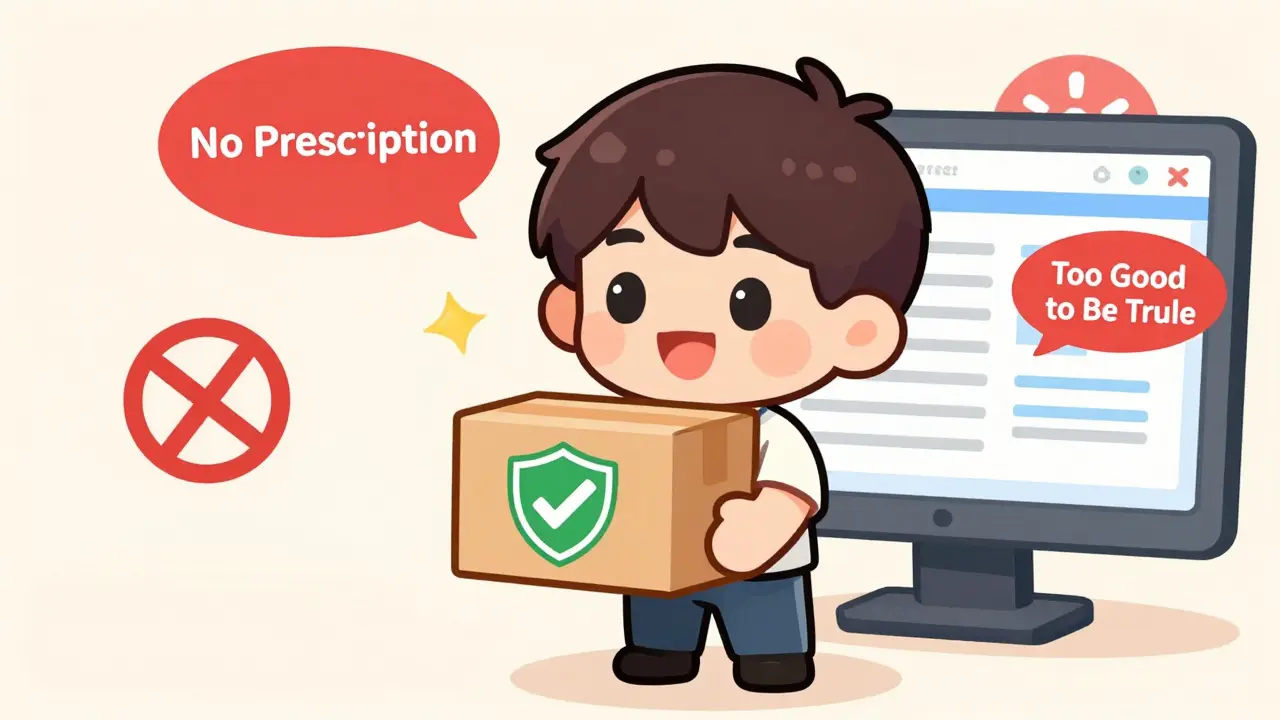 Happy chibi character holding a safe, verified medicine package