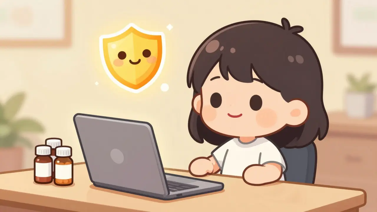 Happy chibi character safely ordering meds online