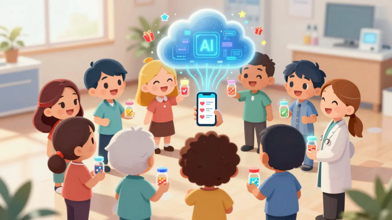 Happy chibi patients using tech nudges for better medication adherence.