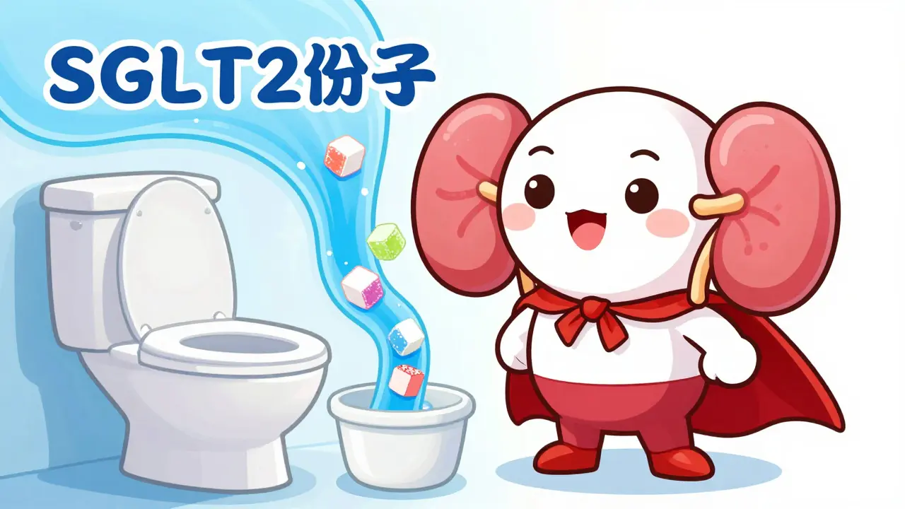 Stylized chibi kidney hero filtering sugar cubes into a toilet bowl