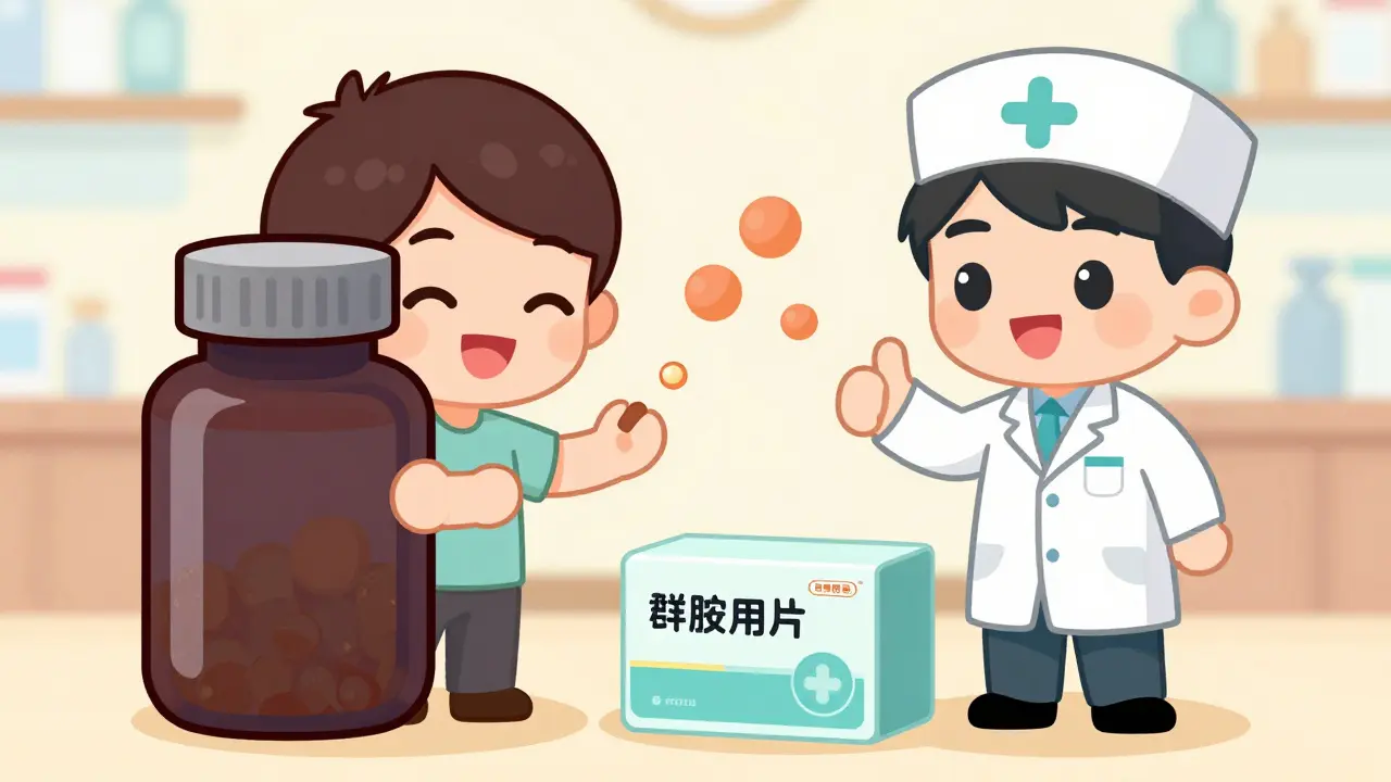 A cheerful chibi patient transitions to safer medication alternatives with the help of a supportive chibi pharmacist.
