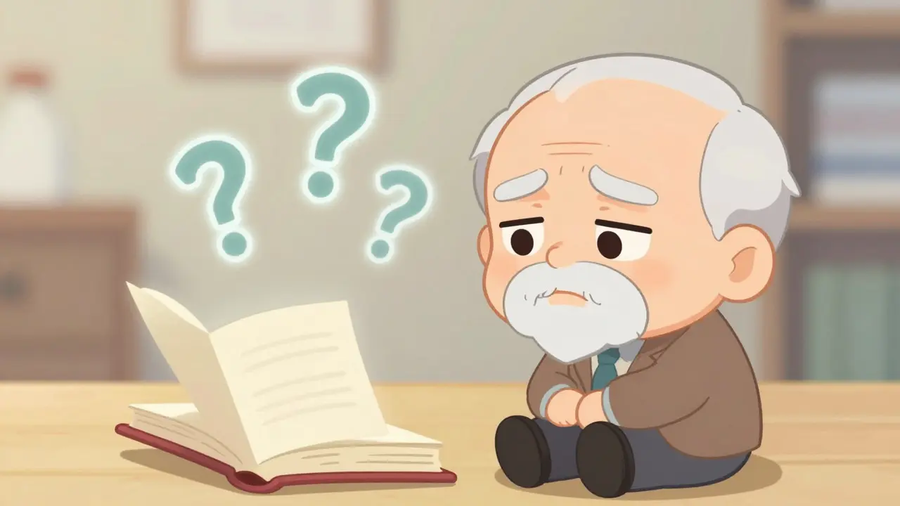 A chibi senior citizen appears confused with floating question marks around them, illustrating the memory issues caused by high-burden medications.