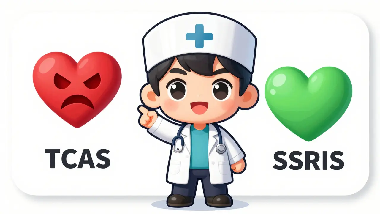 A cute chibi doctor explains the safety differences between TCAs and SSRIs using simple heart icons in a friendly, educational manner.