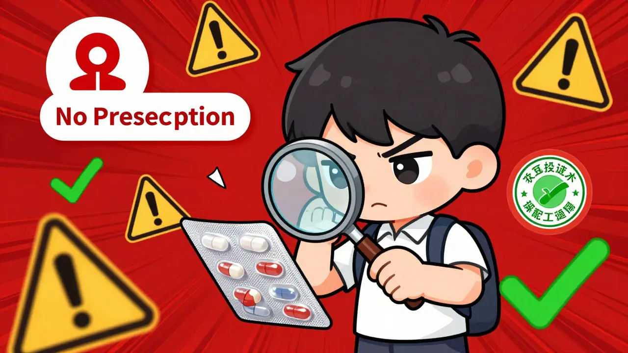 Chibi character checking for red flags in online pharmacy purchases
