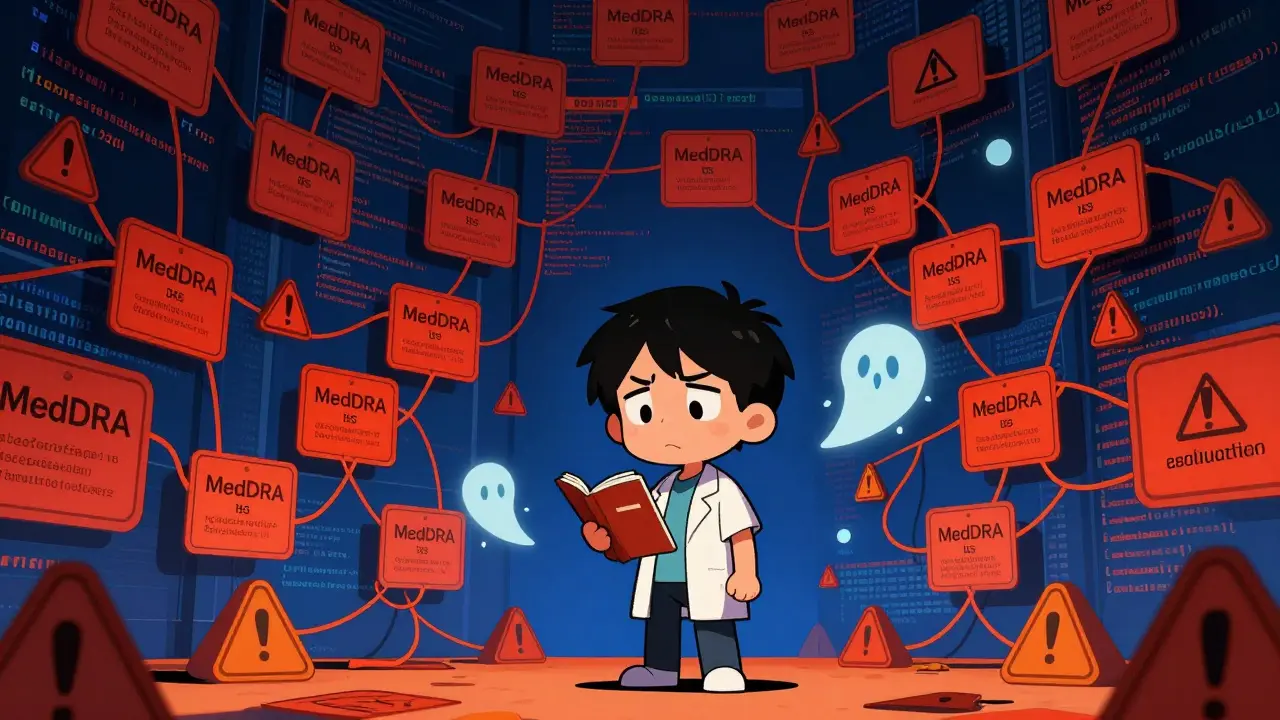 Chibi character facing complex MedDRA codes and data bias challenges in anime style