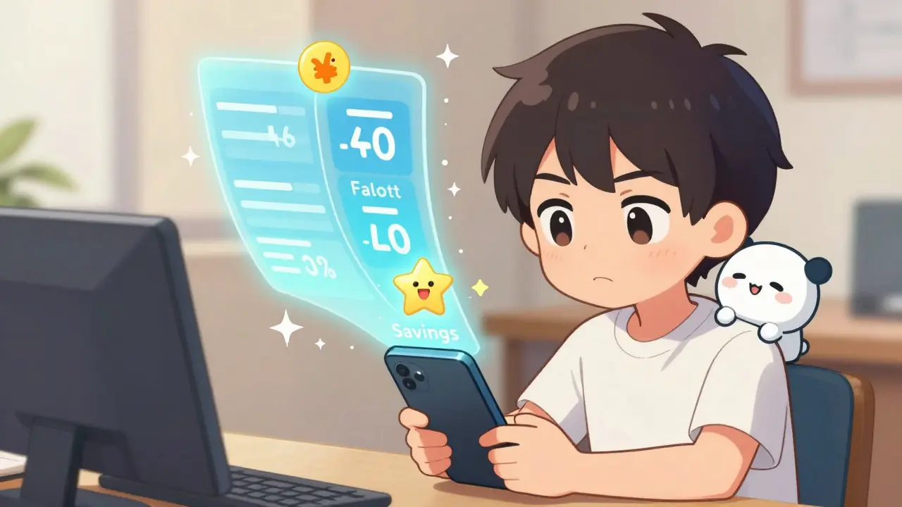 Chibi character saving money on medication using digital coupons and discounts.