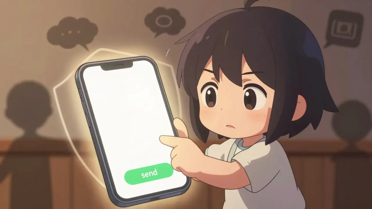 Chibi character using smartphone app to report side effects safely