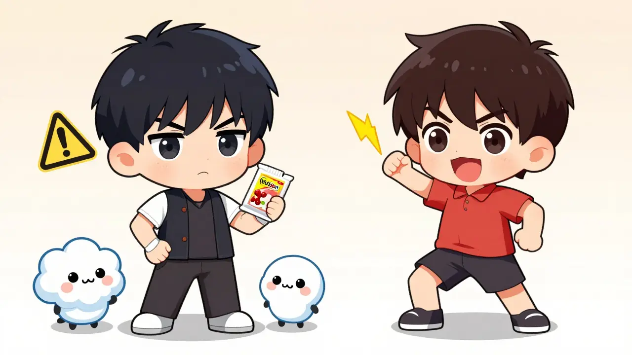 Chibi characters comparing safe vs risky laxative choices
